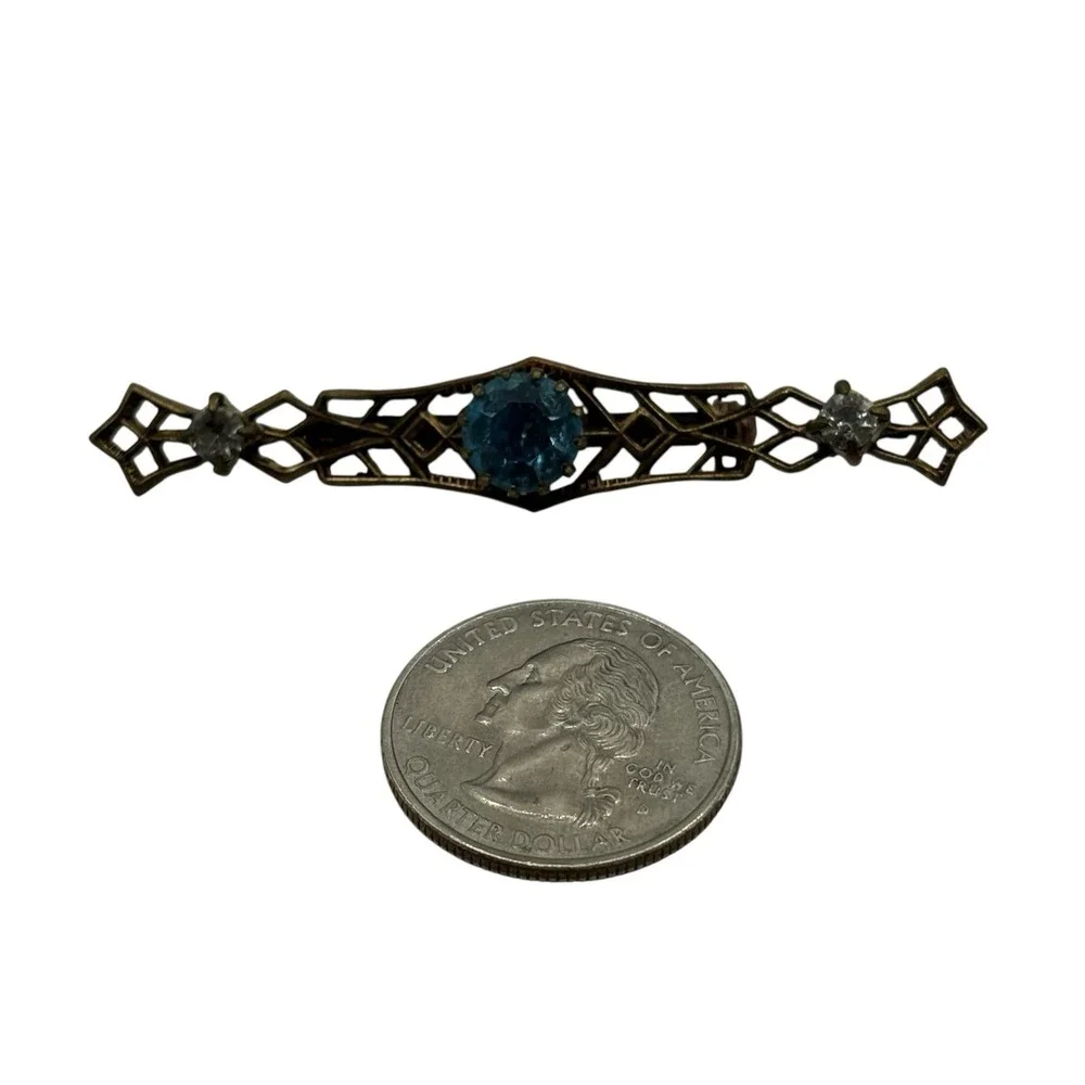 Vintage Bar Brooch Blue Rhinestones Filigree Open Work Ornate Gold Tone Art Deco